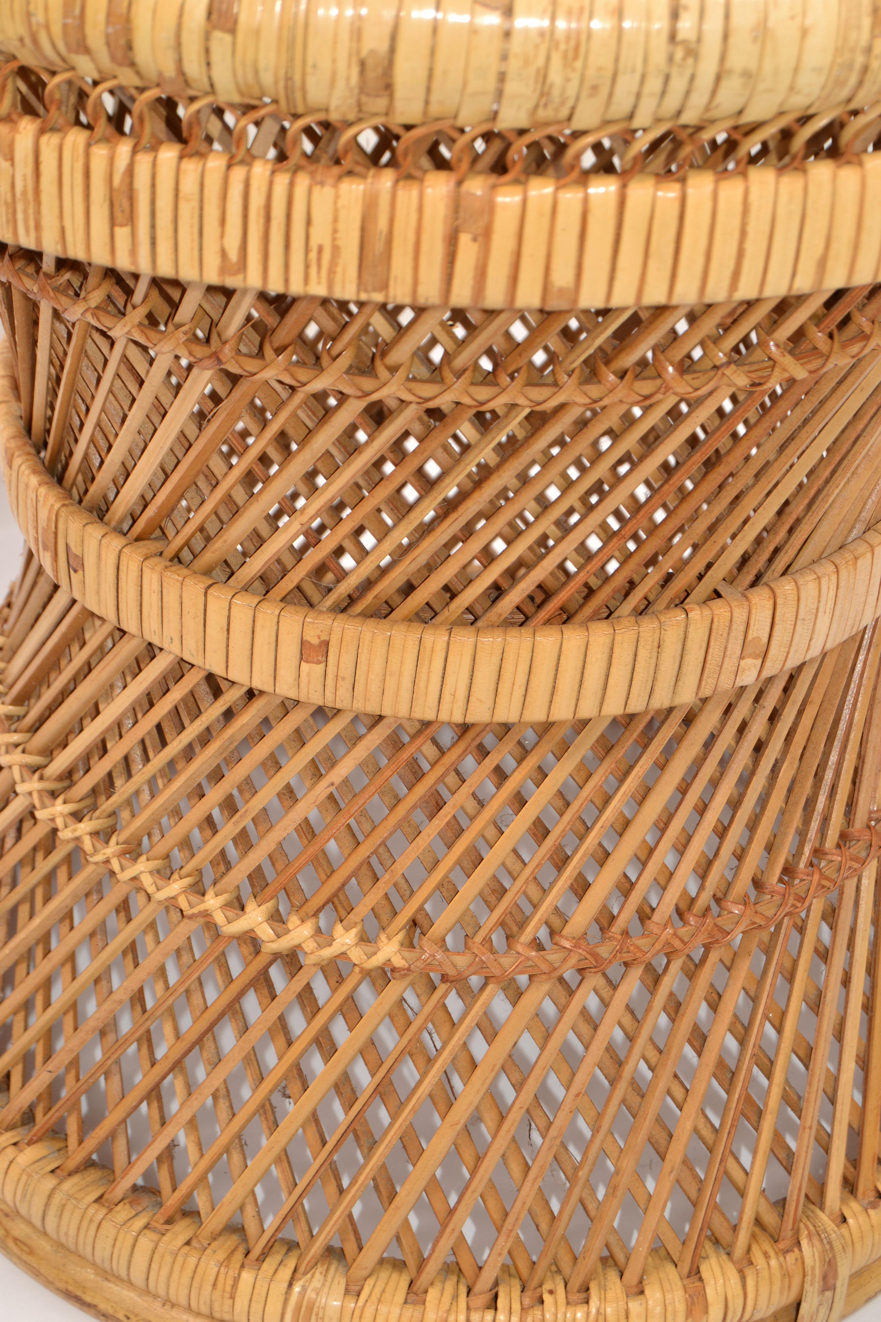 Vintage Bohemian Round Handwoven Rattan Wicker Drum, Side, Drink Table Stool For Sale 4