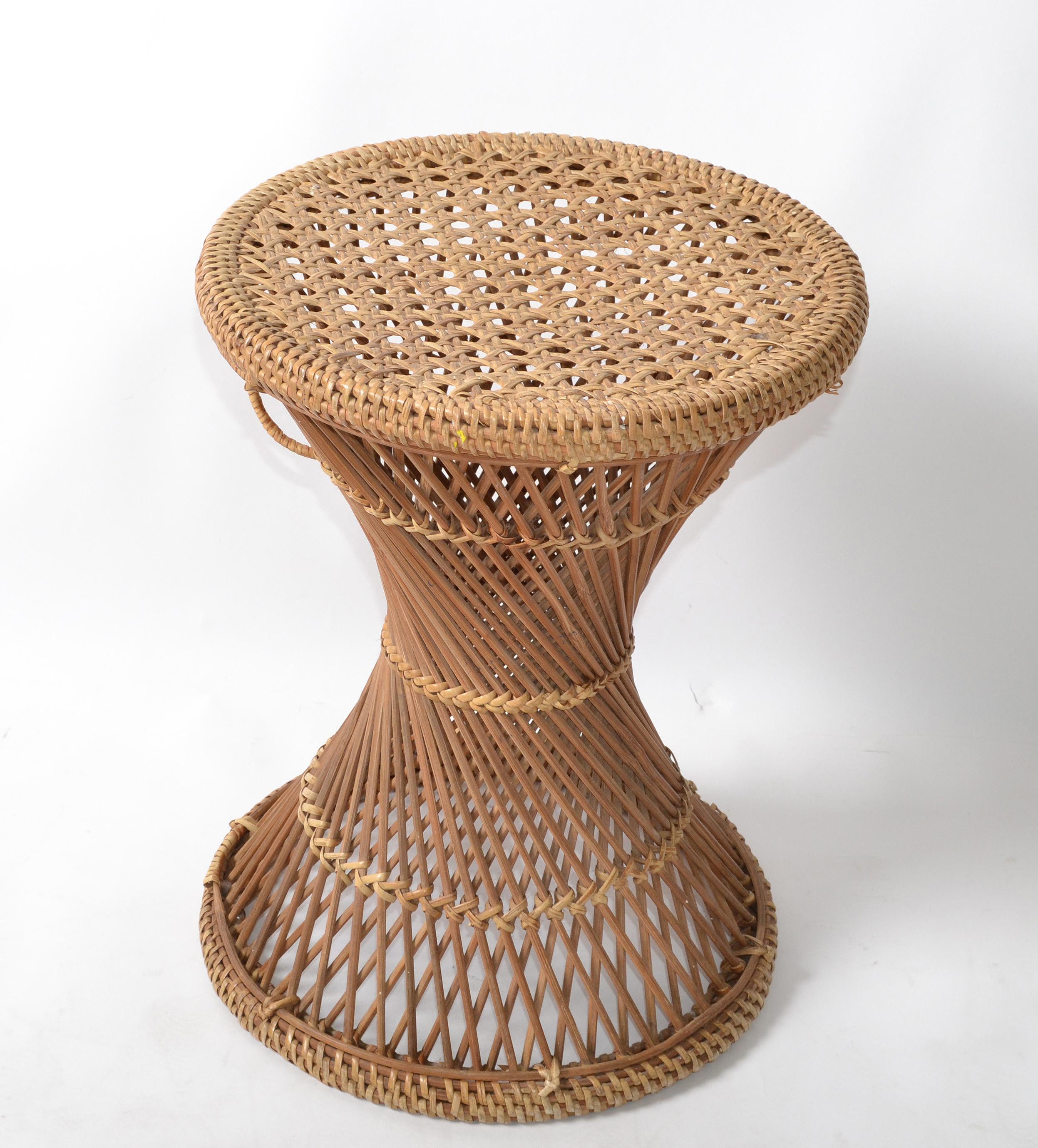 Vintage Bohemian Round Handwoven Rattan / Wicker Drum, Side, Drink Table Stool 3