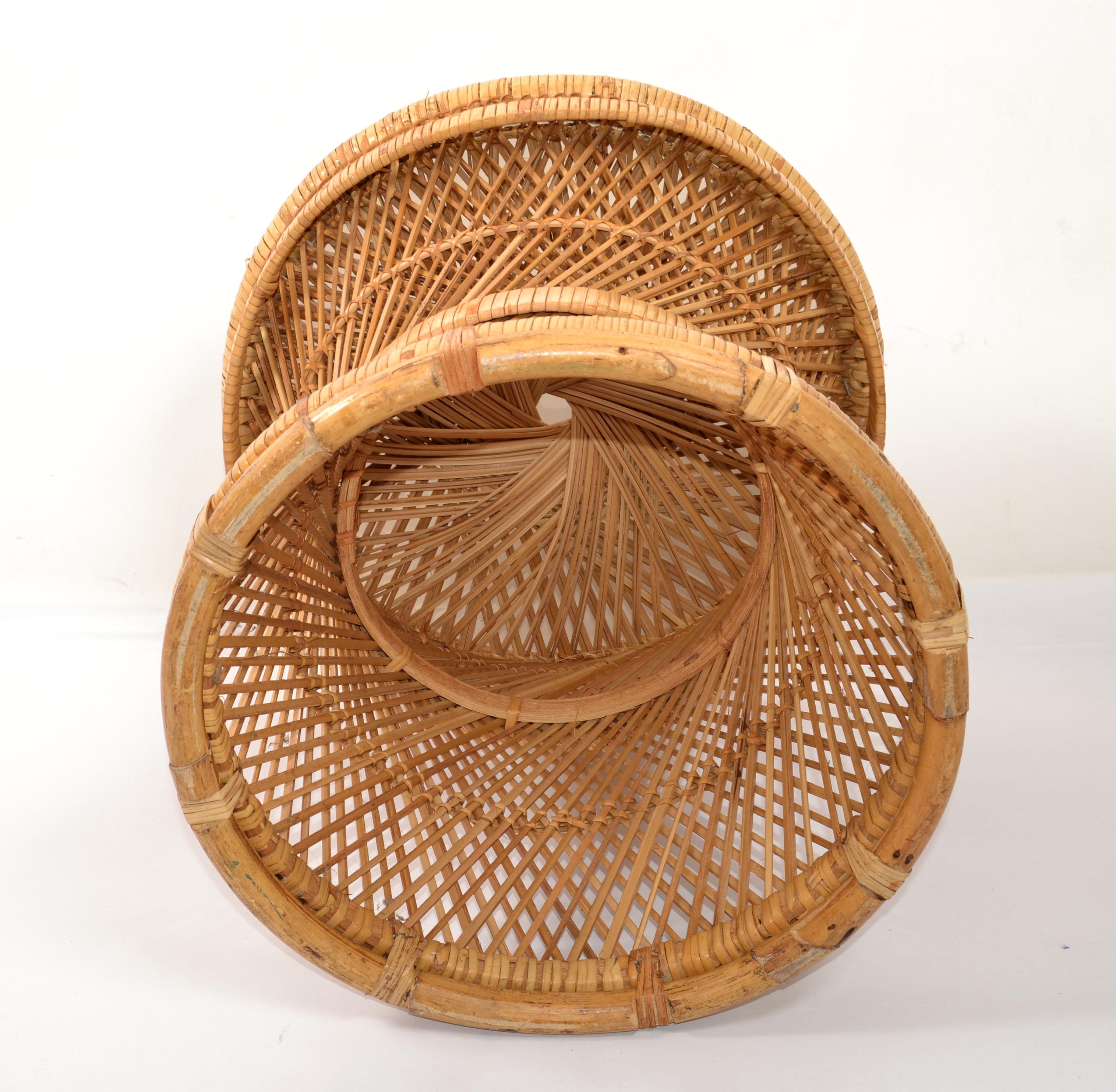 Vintage Bohemian Round Handwoven Rattan Wicker Drum, Side, Drink Table Stool For Sale 5