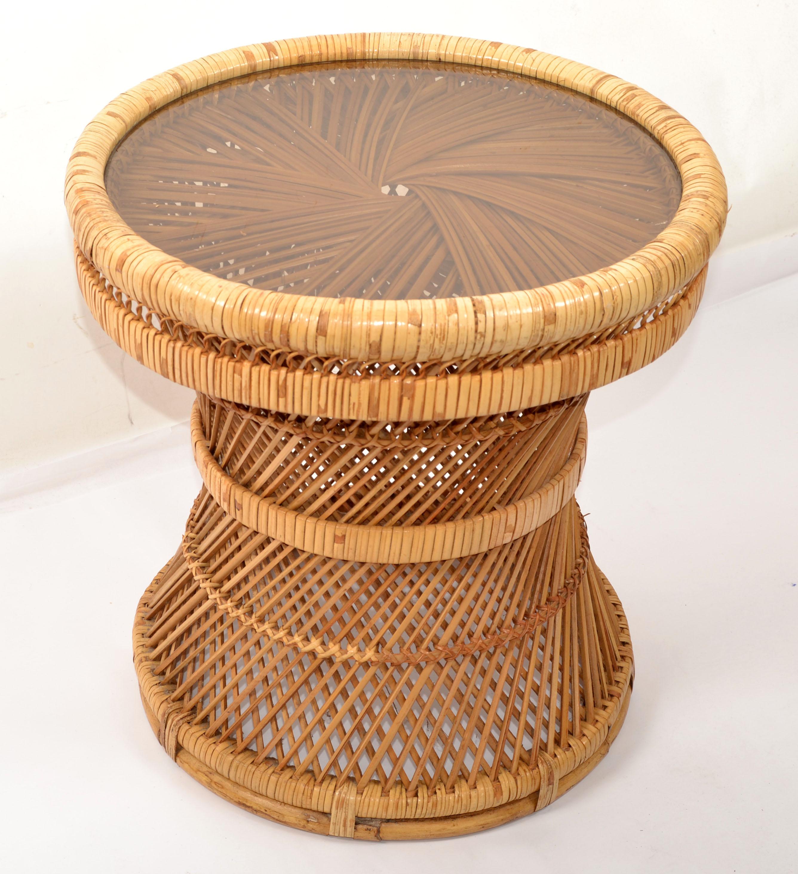 Vintage Bohemian Round Handwoven Rattan Wicker Drum, Side, Drink Table Stool For Sale 6