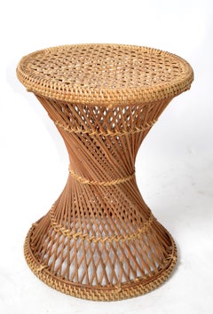 Vintage Bohemian Round Handwoven Rattan / Wicker Drum, Side, Drink Table Stool