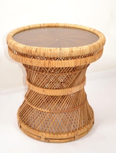 Vintage Bohemian Round Handwoven Rattan Wicker Drum, Side, Drink Table Stool