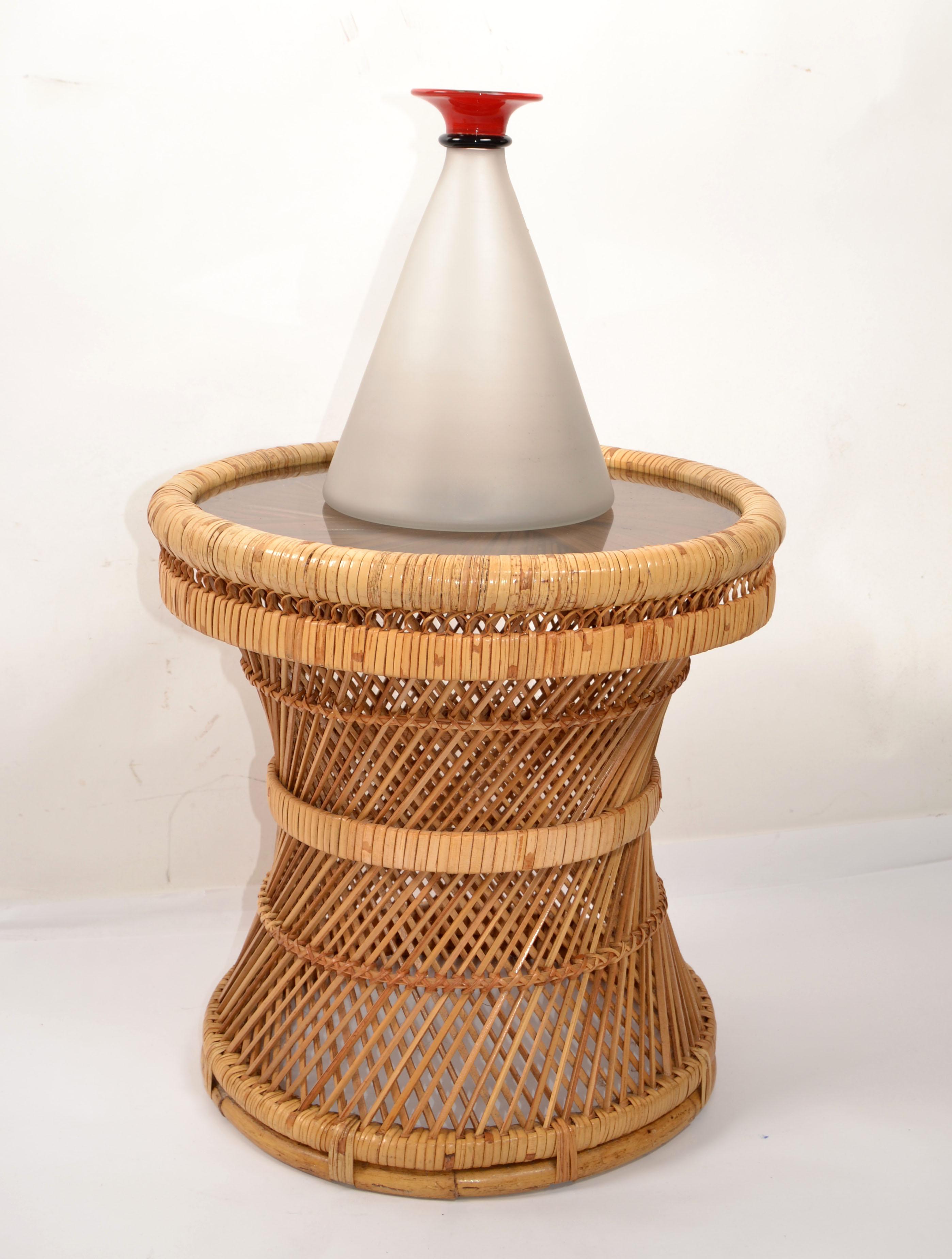 American Vintage Bohemian Round Handwoven Rattan Wicker Drum, Side, Drink Table Stool For Sale
