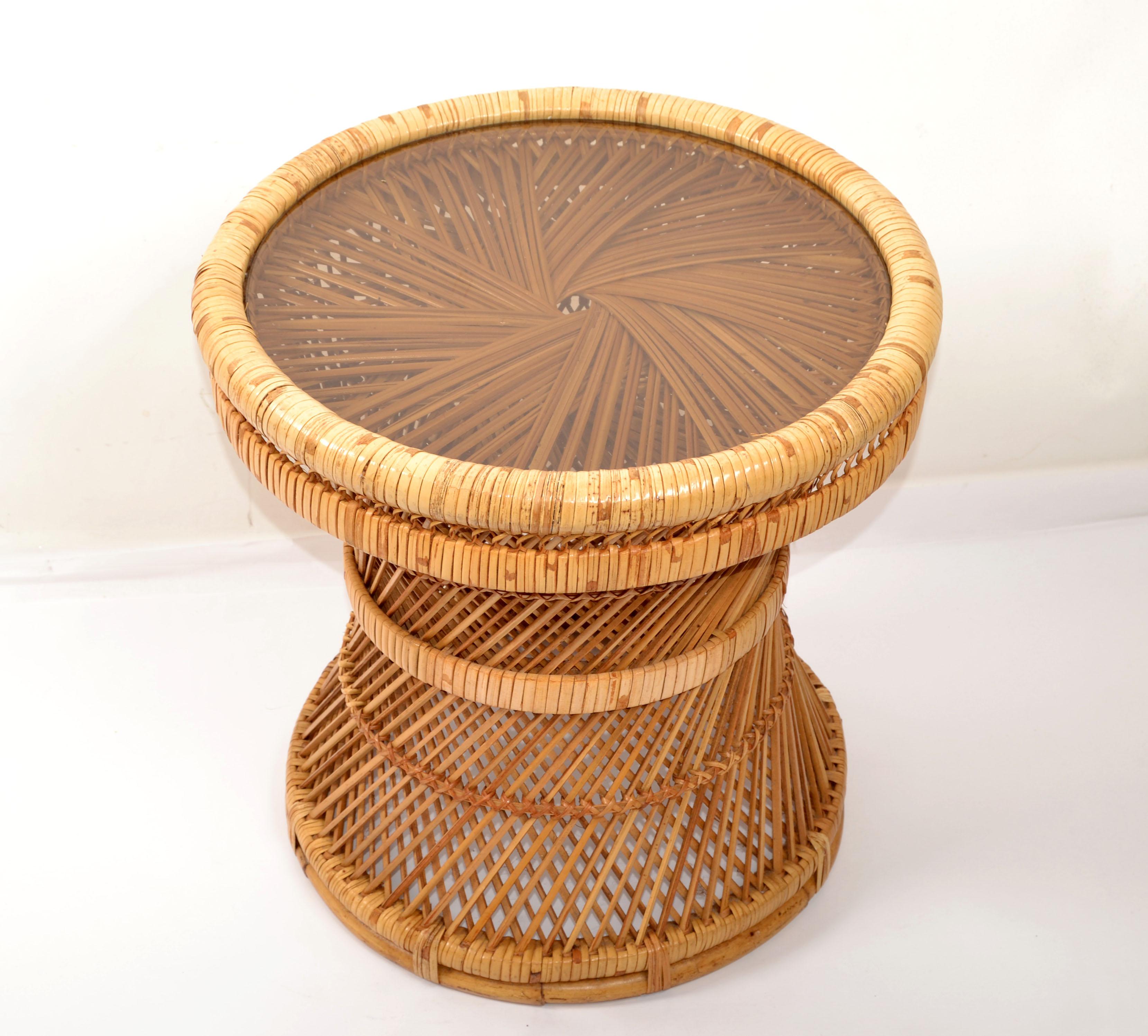 Hand-Crafted Vintage Bohemian Round Handwoven Rattan Wicker Drum, Side, Drink Table Stool For Sale