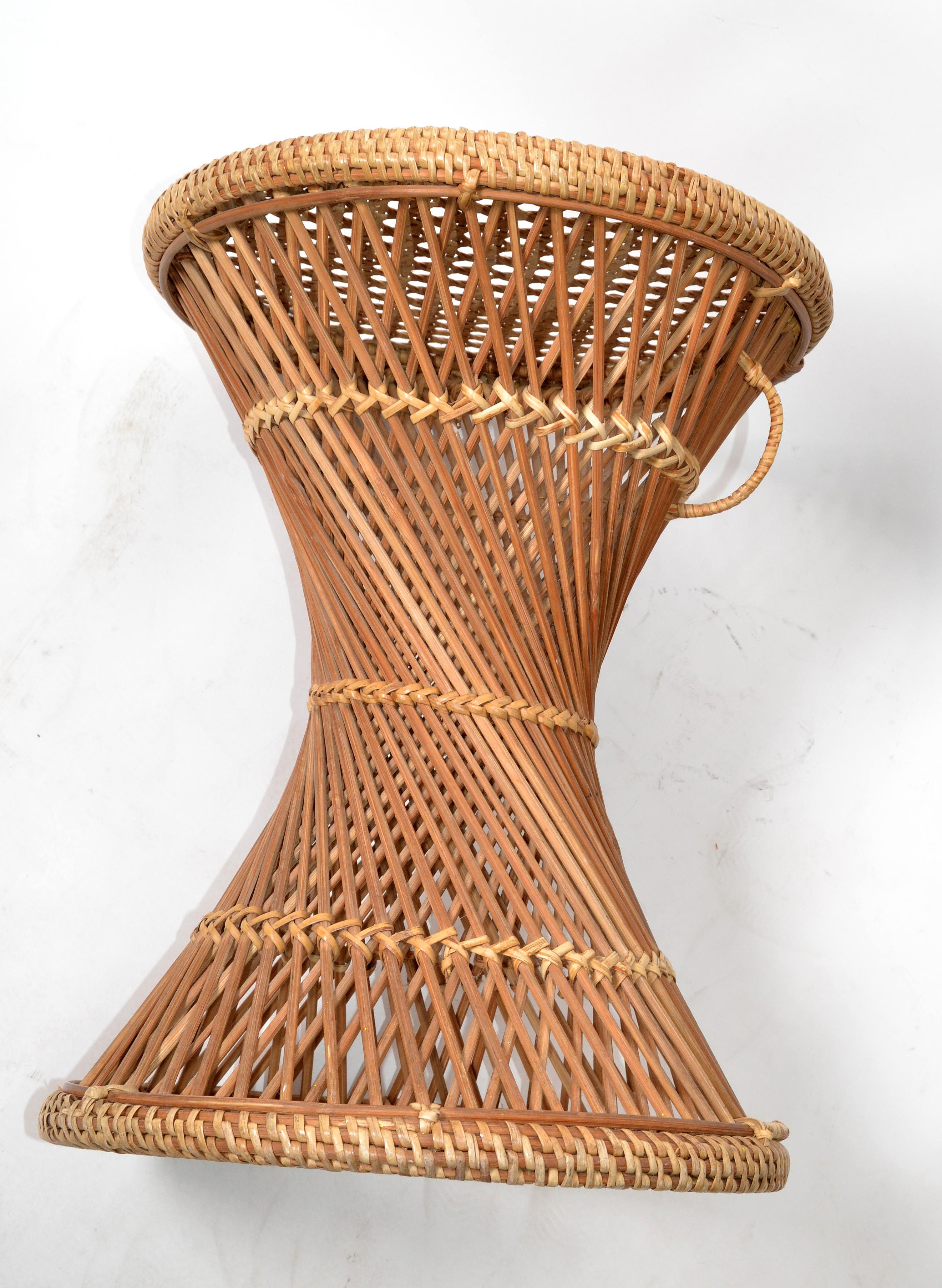 Hand-Woven Vintage Bohemian Round Handwoven Rattan / Wicker Drum, Side, Drink Table Stool