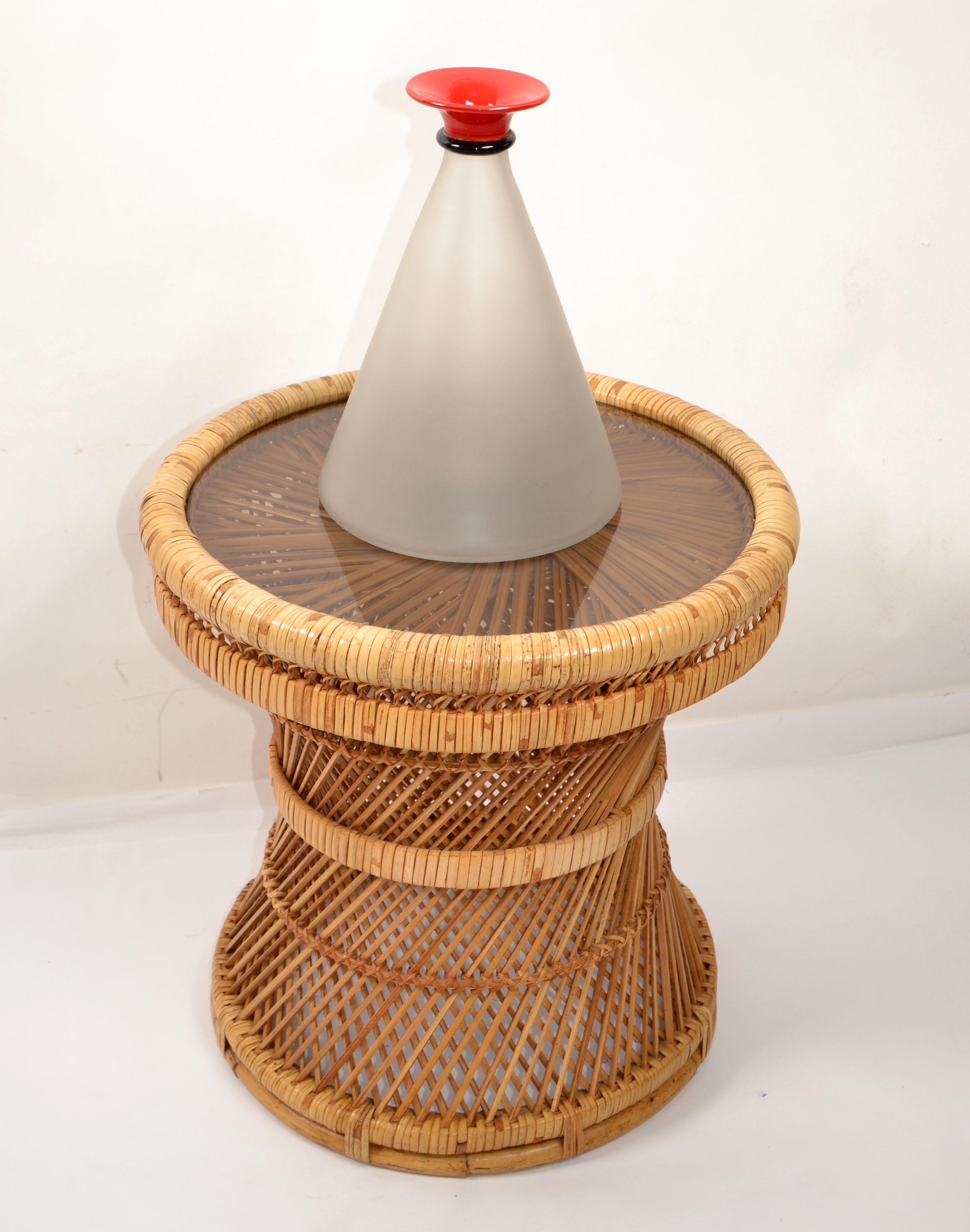 Bamboo Vintage Bohemian Round Handwoven Rattan Wicker Drum, Side, Drink Table Stool For Sale