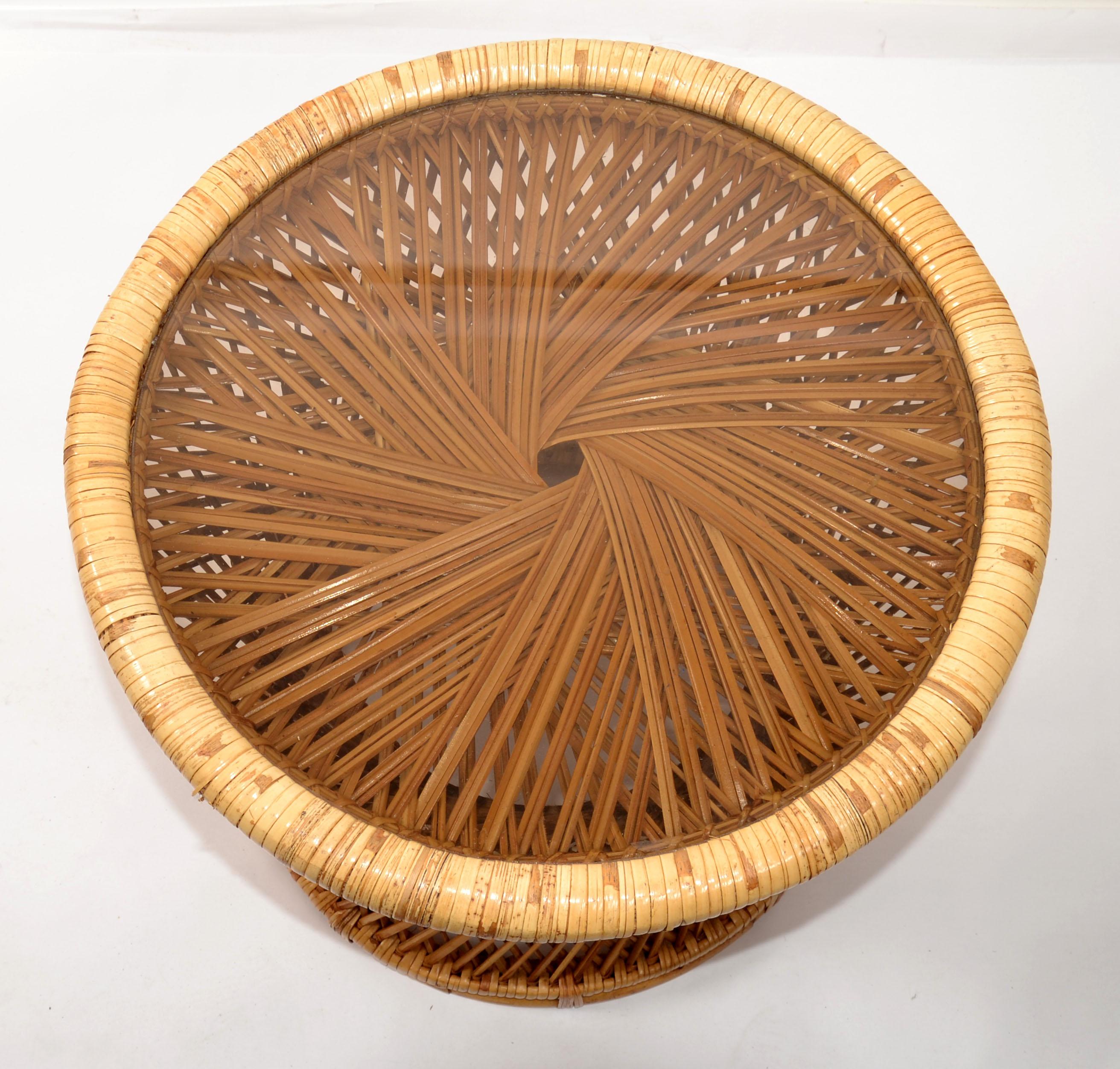 Vintage Bohemian Round Handwoven Rattan Wicker Drum, Side, Drink Table Stool For Sale 1