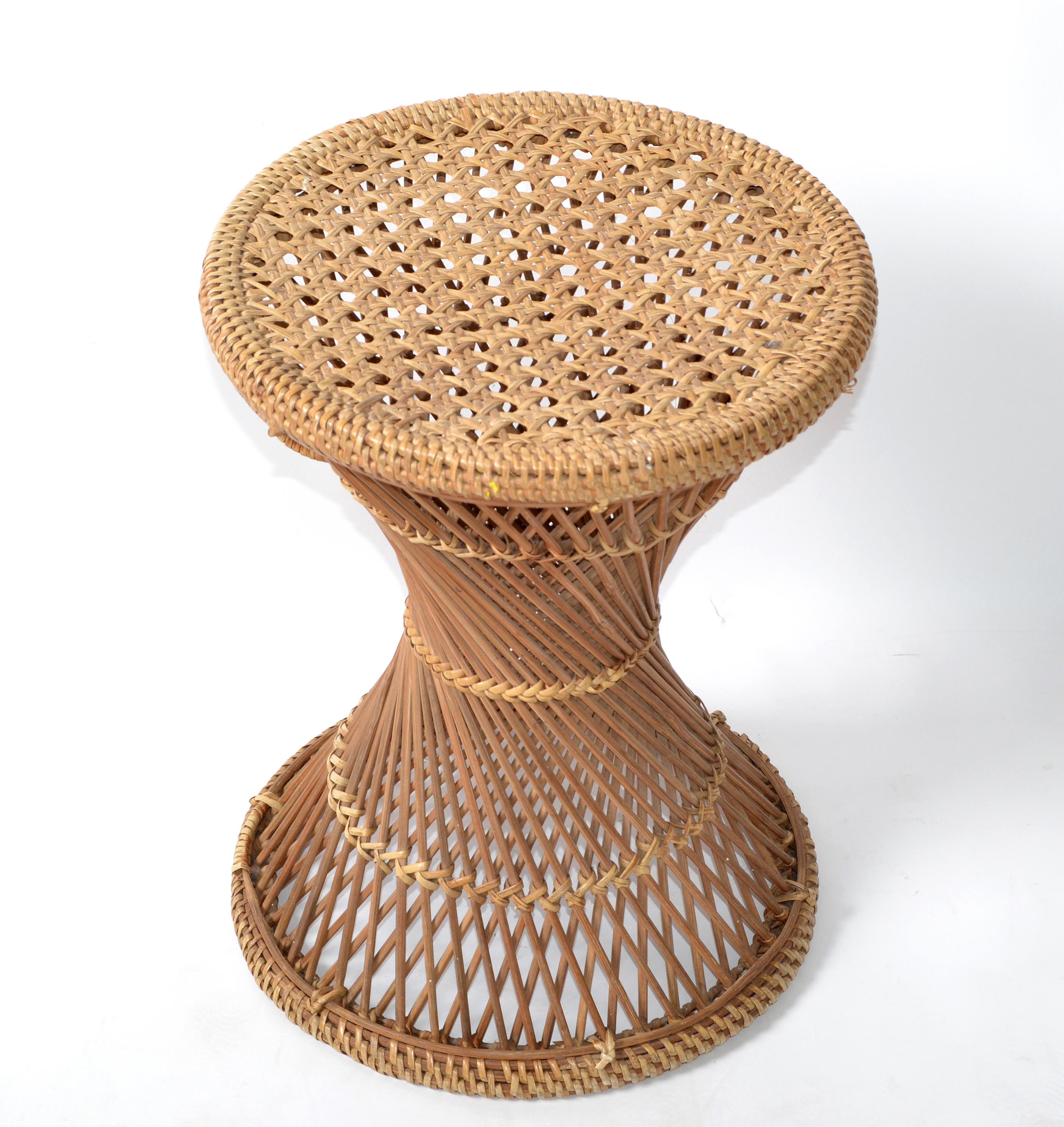 20th Century Vintage Bohemian Round Handwoven Rattan / Wicker Drum, Side, Drink Table Stool
