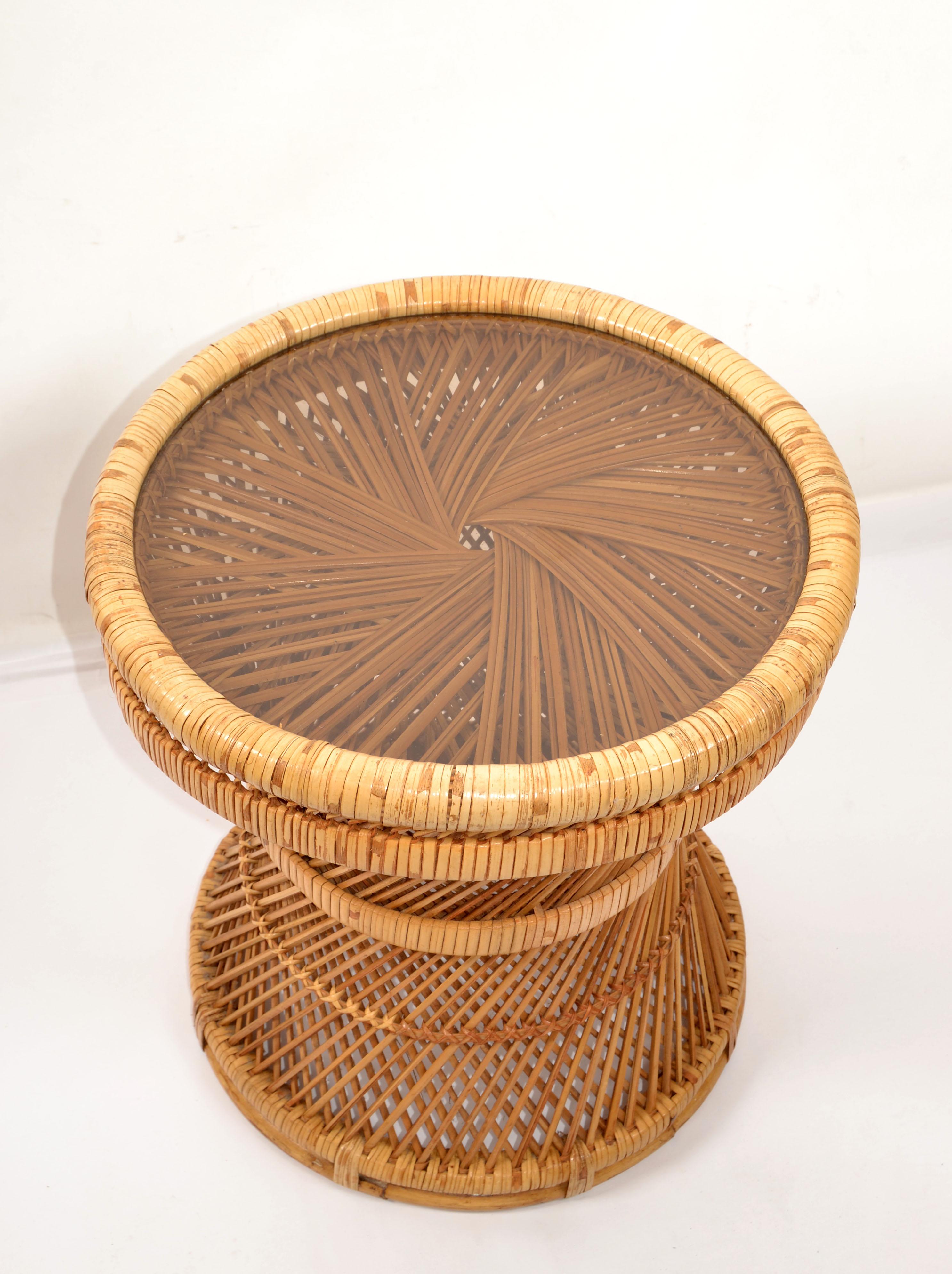 Vintage Bohemian Round Handwoven Rattan Wicker Drum, Side, Drink Table Stool For Sale 2