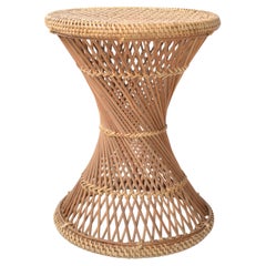 Vintage Bohemian Round Handwoven Rattan / Wicker Drum, Side, Drink Table Stool