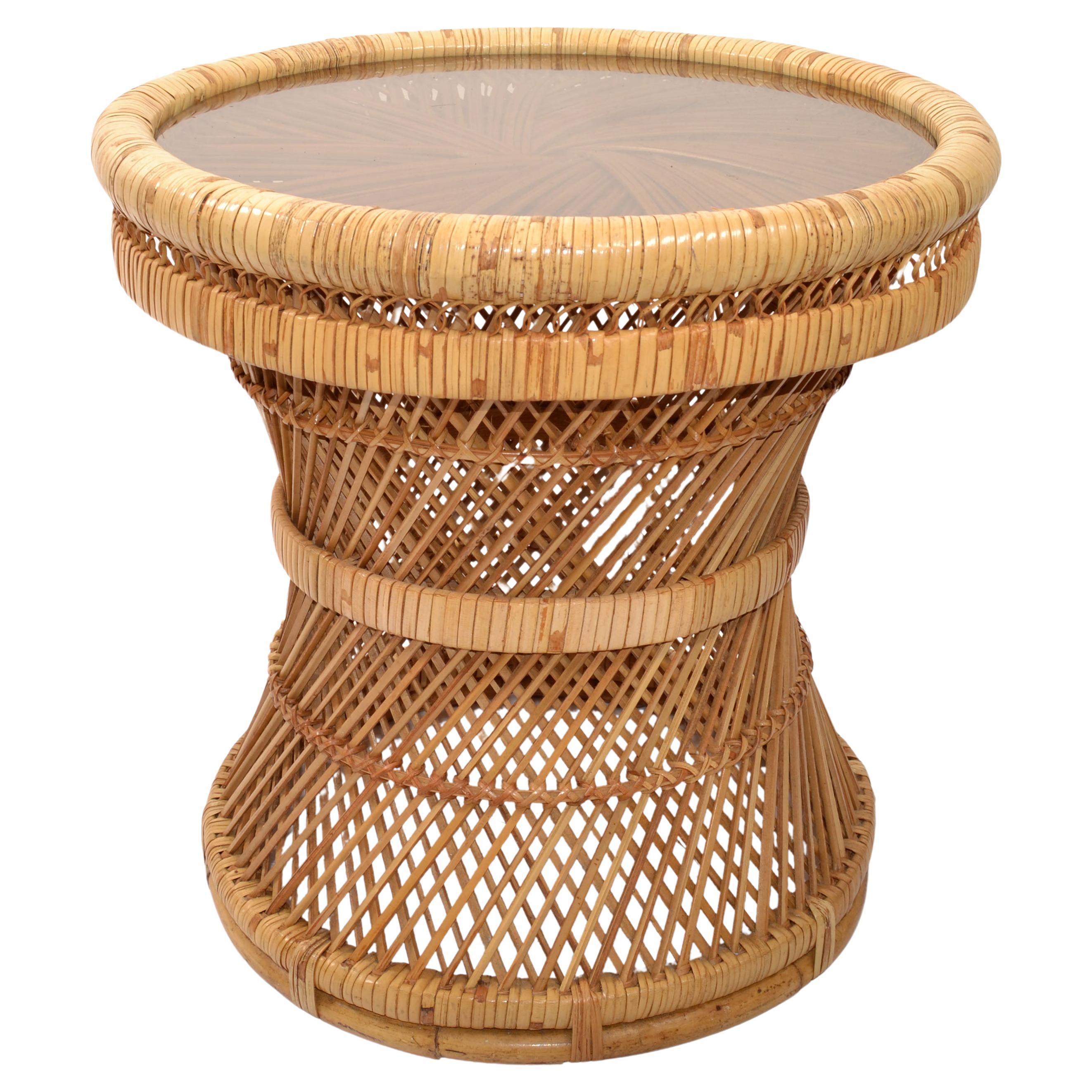 Vintage Bohemian Round Handwoven Rattan Wicker Drum, Side, Drink Table Stool