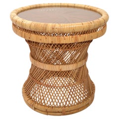 Vintage Bohemian Round Handwoven Rattan Wicker Drum, Side, Drink Table Stool