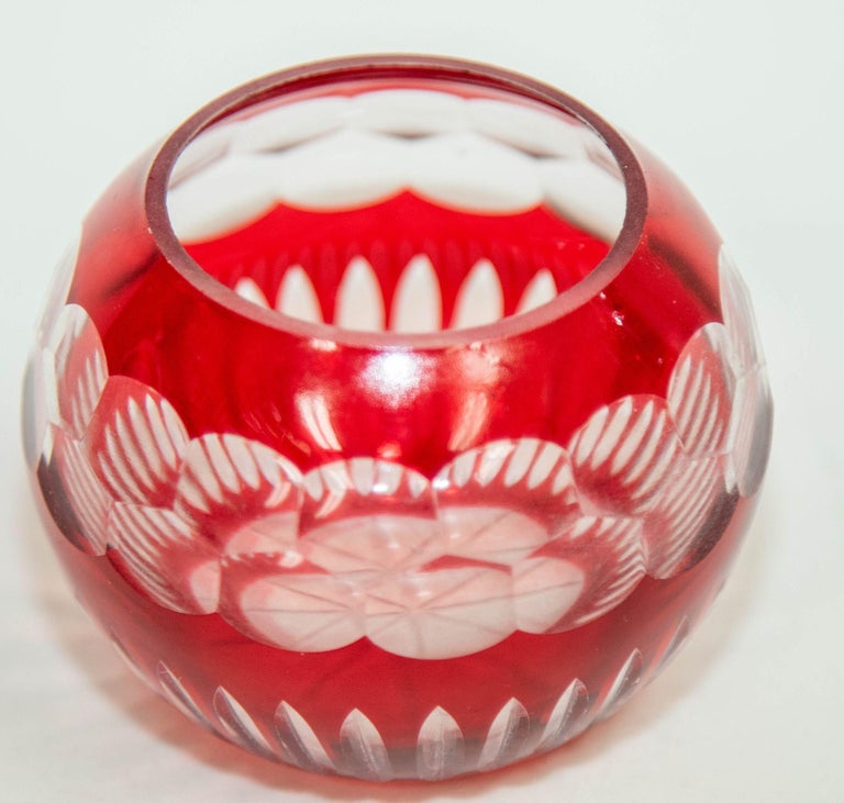 Vintage Bohemian Ruby Red Cut to Clear Crystal Votive Candle Holder For