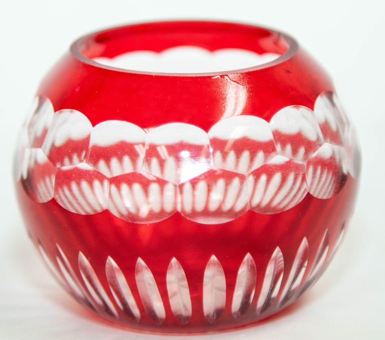 Vintage Bohemian Ruby Red Cut to Clear Crystal Votive Candle Holder For