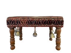 Vintage Bohemian Rustic Handcrafted Wooden Stool with Leather Seat & Brass Bells
