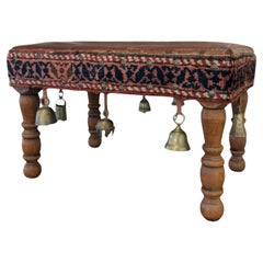 Vintage Bohemian Rustic Handcrafted Wooden Stool with Leather Seat & Brass Bells
