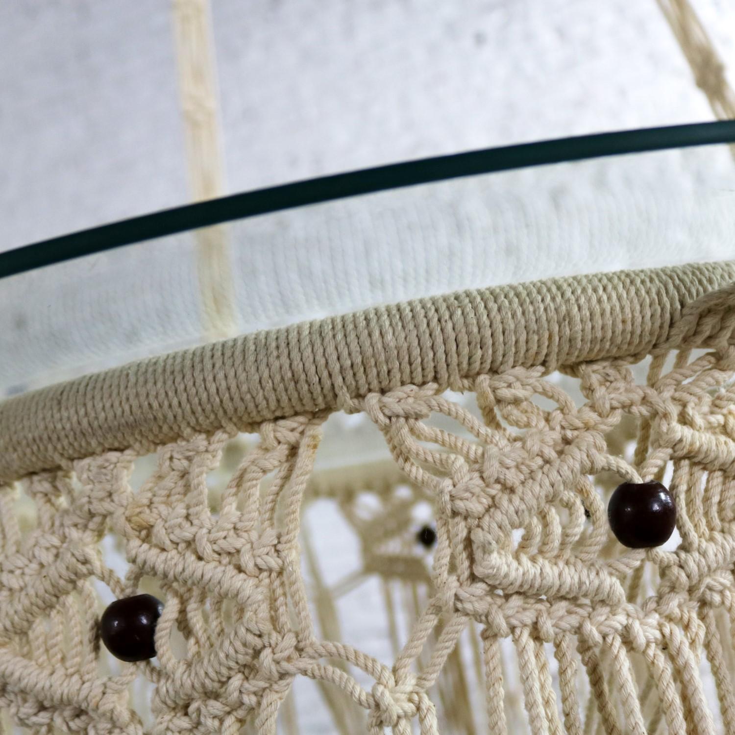 Vintage Bohemian White Macramé Hanging Table with Round Glass Top 6