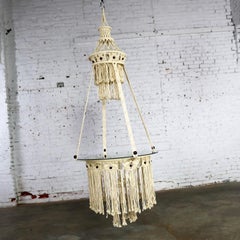 Vintage Bohemian White Macramé Hanging Table with Round Glass Top