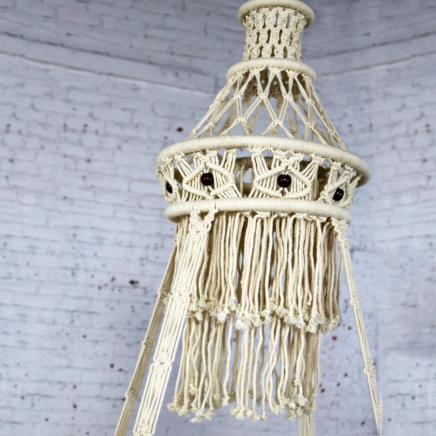 Hand-Knotted Vintage Bohemian White Macramé Hanging Table with Round Glass Top