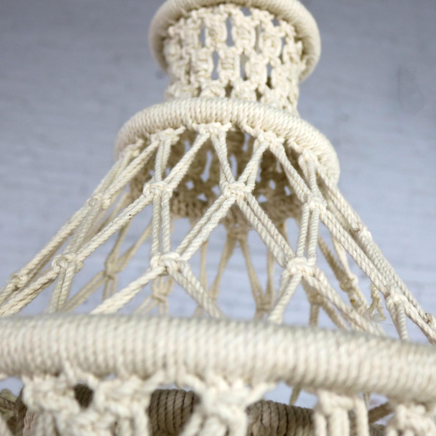 20th Century Vintage Bohemian White Macramé Hanging Table with Round Glass Top