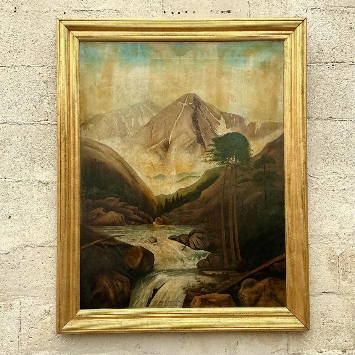 Vintage Boho 1912 Pintura al óleo original de paisaje sobre lienzo en venta 3
