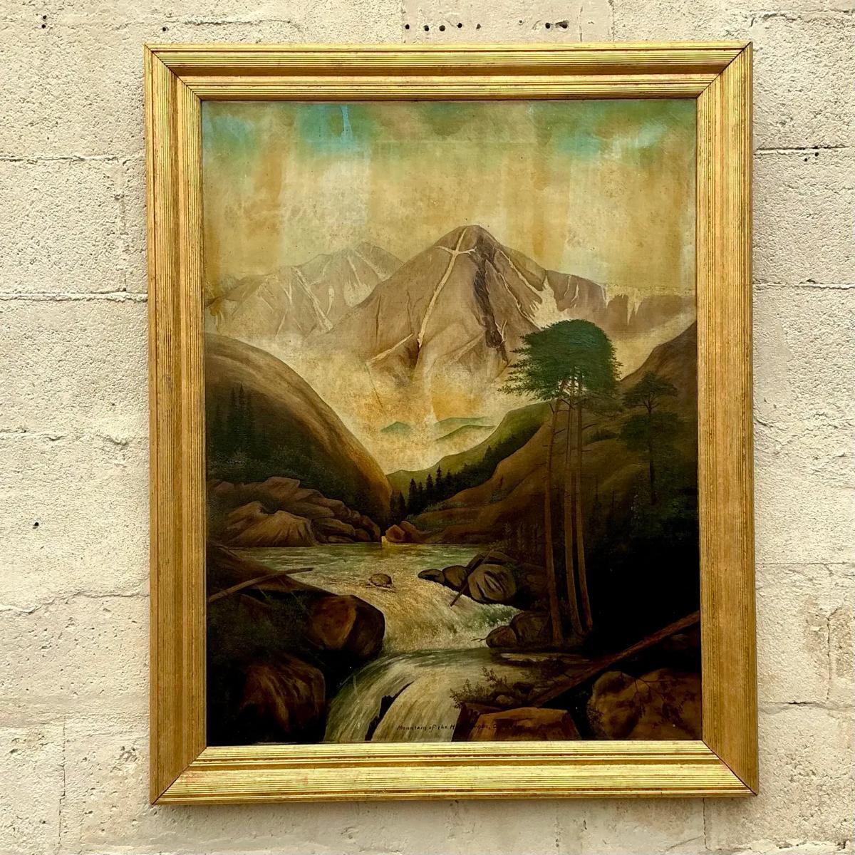 Vintage Boho 1912 Pintura al óleo original de paisaje sobre lienzo en venta 4
