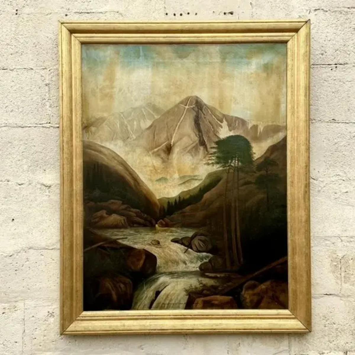 Introduce el encanto boho atemporal en tu espacio con esta Pintura al Óleo Original de Paisaje Vintage de 1912 sobre lienzo. Capturando la serena belleza de la naturaleza, esta obra maestra pintada a mano presenta suaves tonos terrosos y ricas