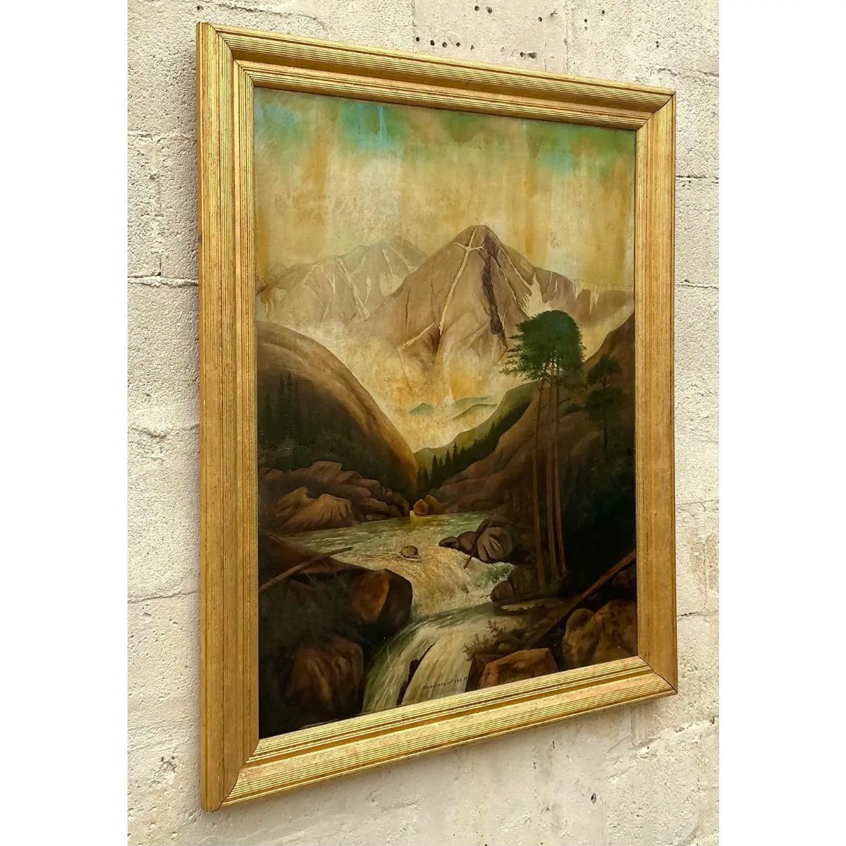 Vintage Boho 1912 Pintura al óleo original de paisaje sobre lienzo Estadounidense en venta