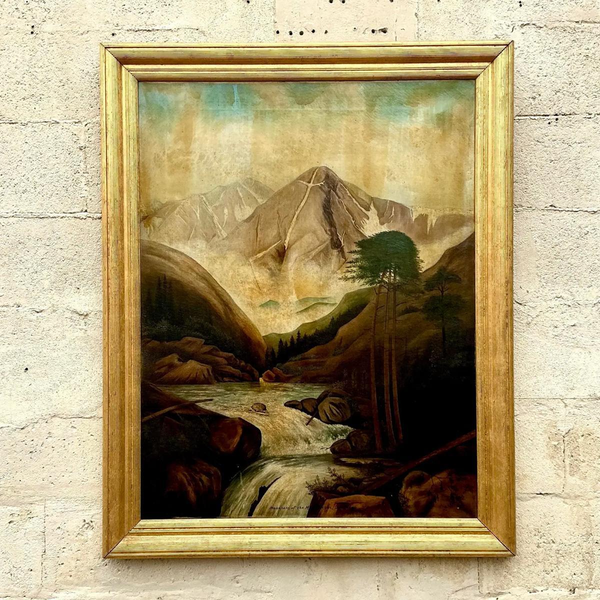 Vintage Boho 1912 Pintura al óleo original de paisaje sobre lienzo en Bueno estado para la venta en west palm beach, FL