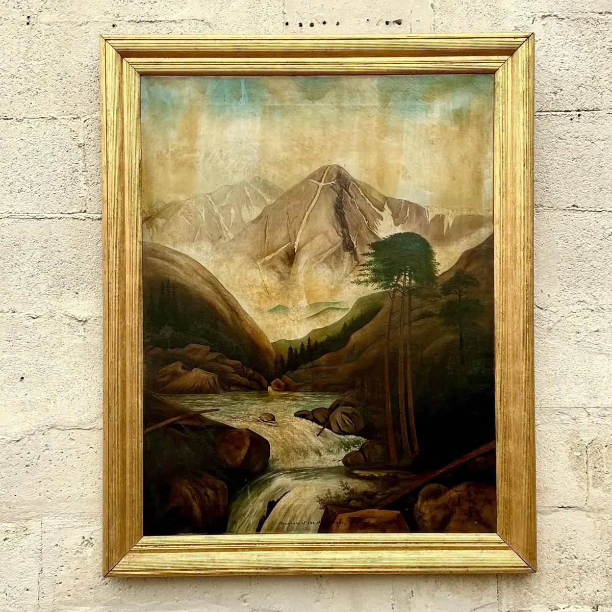 Vintage Boho 1912 Pintura al óleo original de paisaje sobre lienzo en venta 2