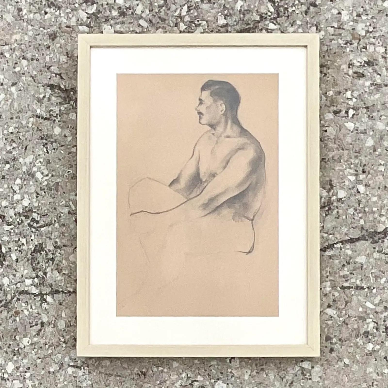 Un fabuleux dessin original vintage Boho des années 1930. Un croquis chic au crayon d'un homme nu. Acquis d'une propriété de Palm Beach. 