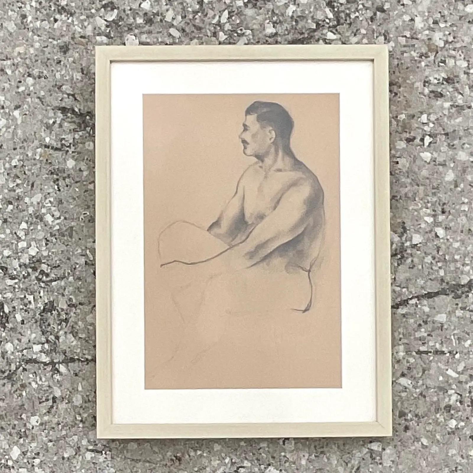 Vintage Boho 1930s Original Drawing of Nude Male In Good Condition For Sale In west palm beach, FL