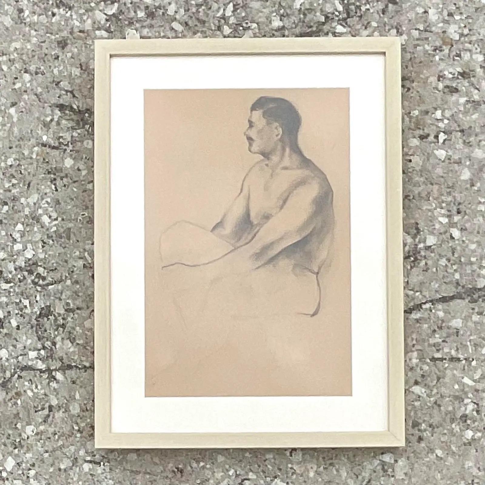 Mid-20th Century Vintage Boho 1930s Original Drawing of Nude Male For Sale