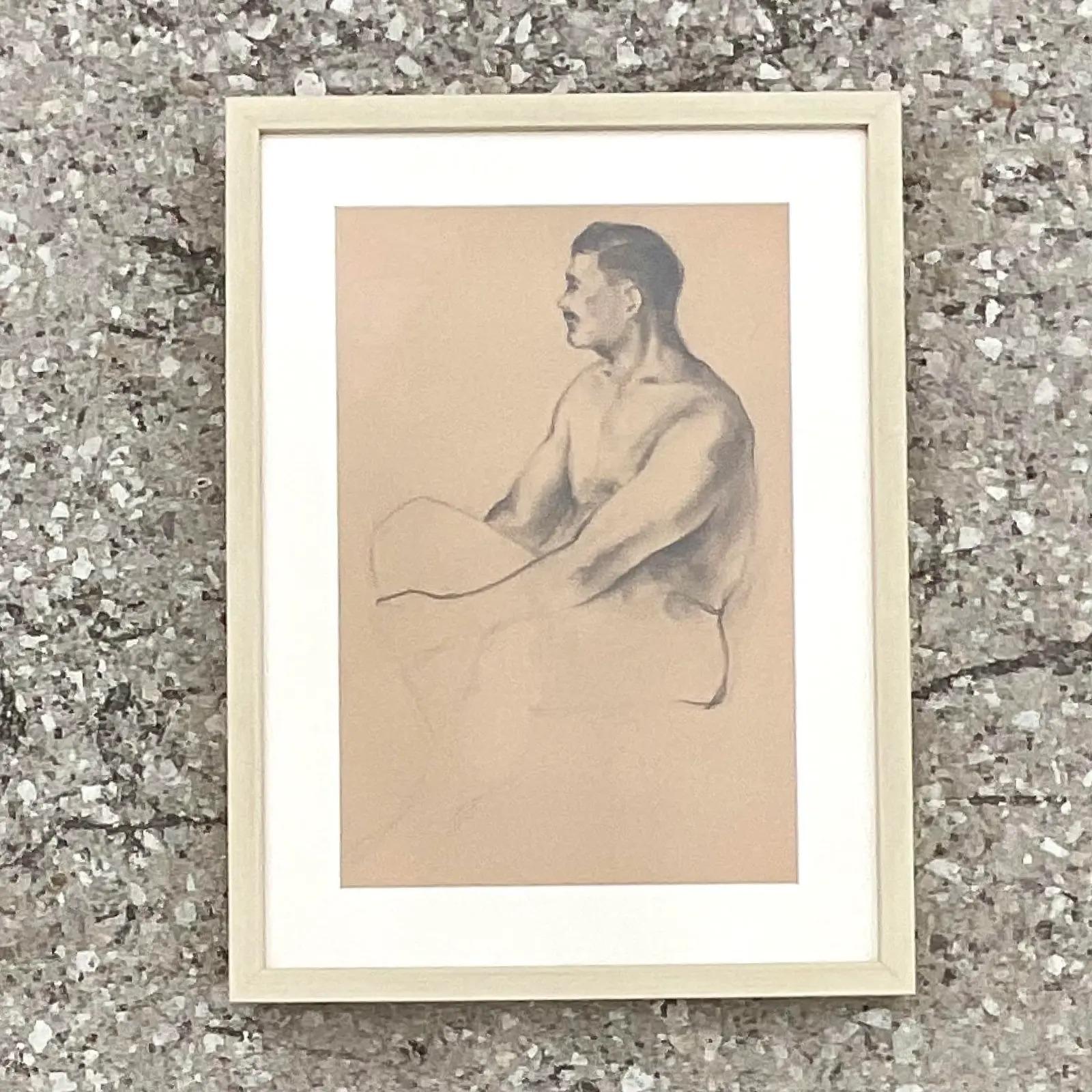 Paper Vintage Boho 1930s Original Drawing of Nude Male For Sale