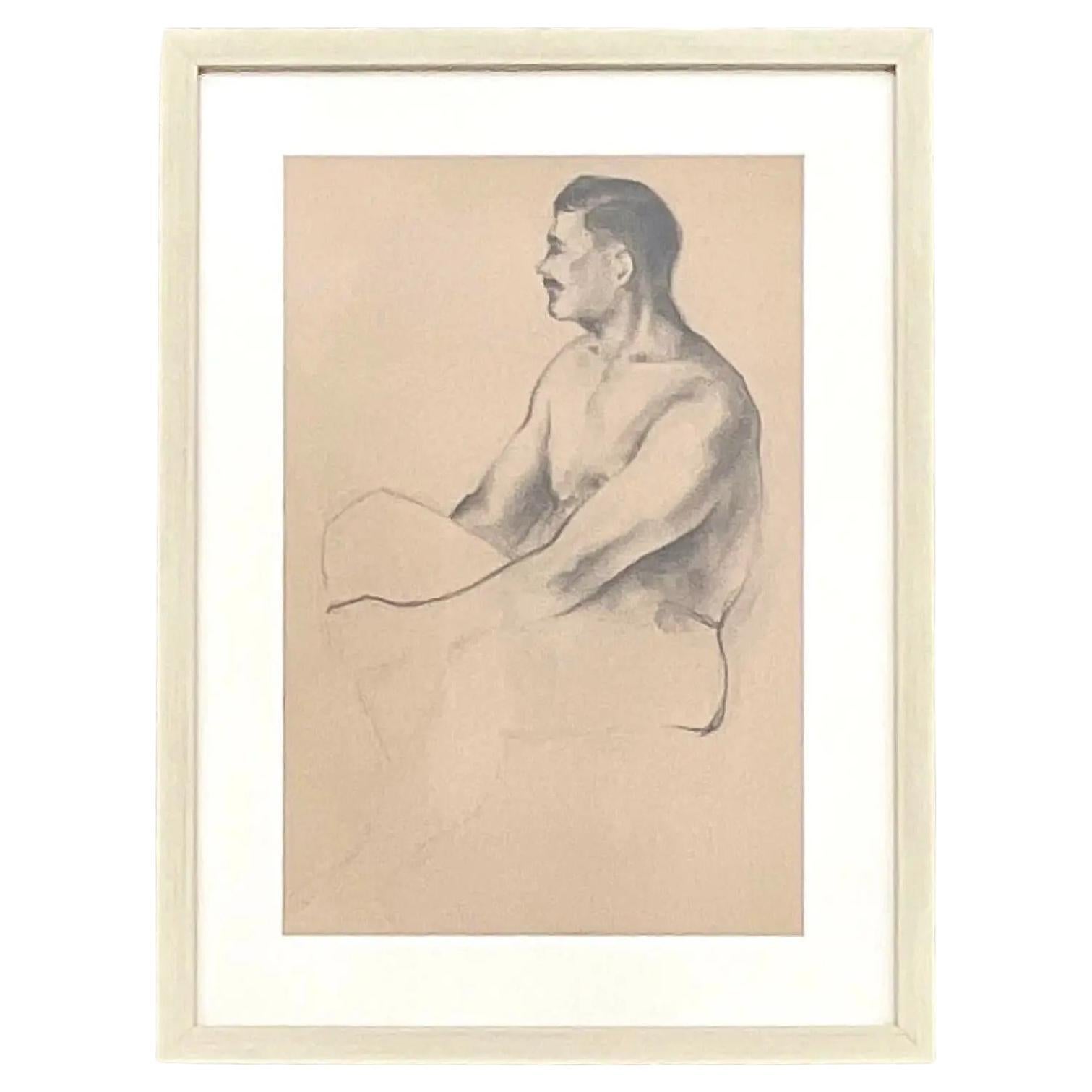 Vintage Boho 1930s Dessin original d'un homme nu en vente