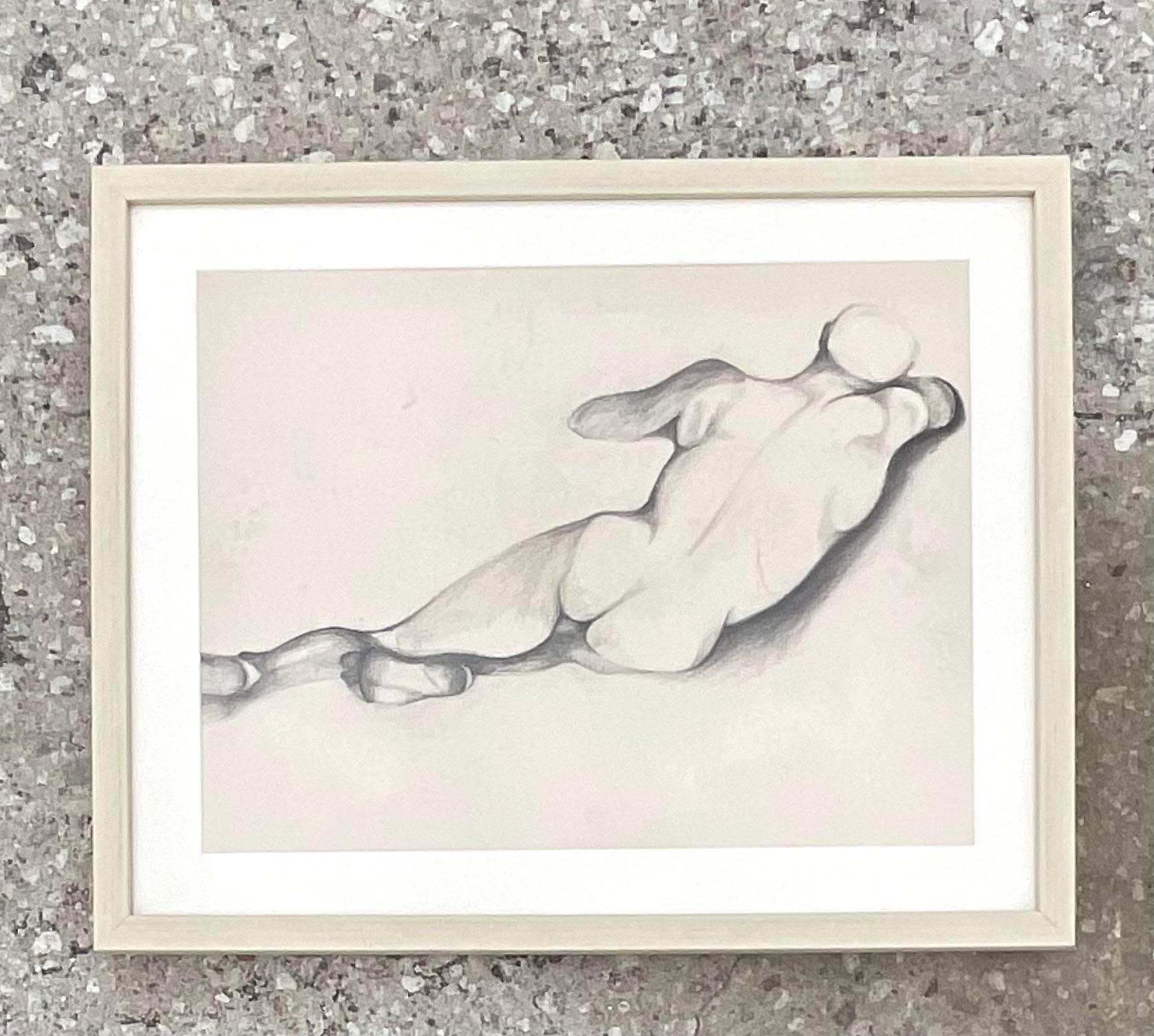 A fantastic vintage Boho pencil sketch. A stunning rendering of a nude male in a reclining pose. Beautiful matted and framed. Acquired from a Palm Beach collector.