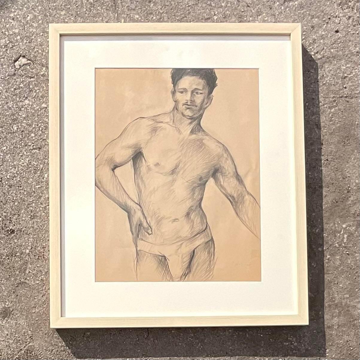 A stunning vintage boho original pencil sketch of man. An amazing 1935 rendering with incredible attention to detail. Acquired from a Palm Beach estate.