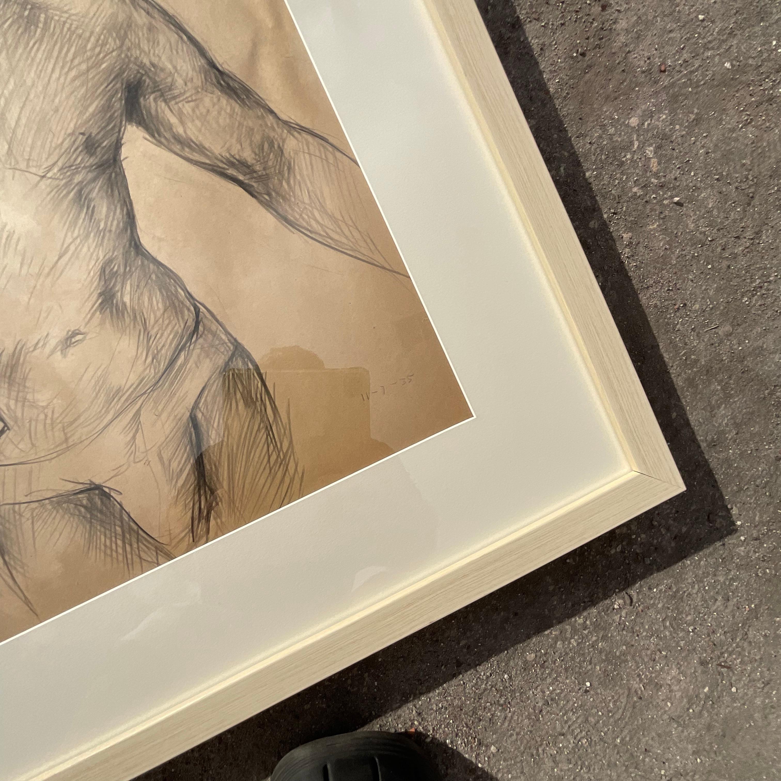 Vintage Boho 1935 Figure Sketch of Man In Good Condition For Sale In west palm beach, FL