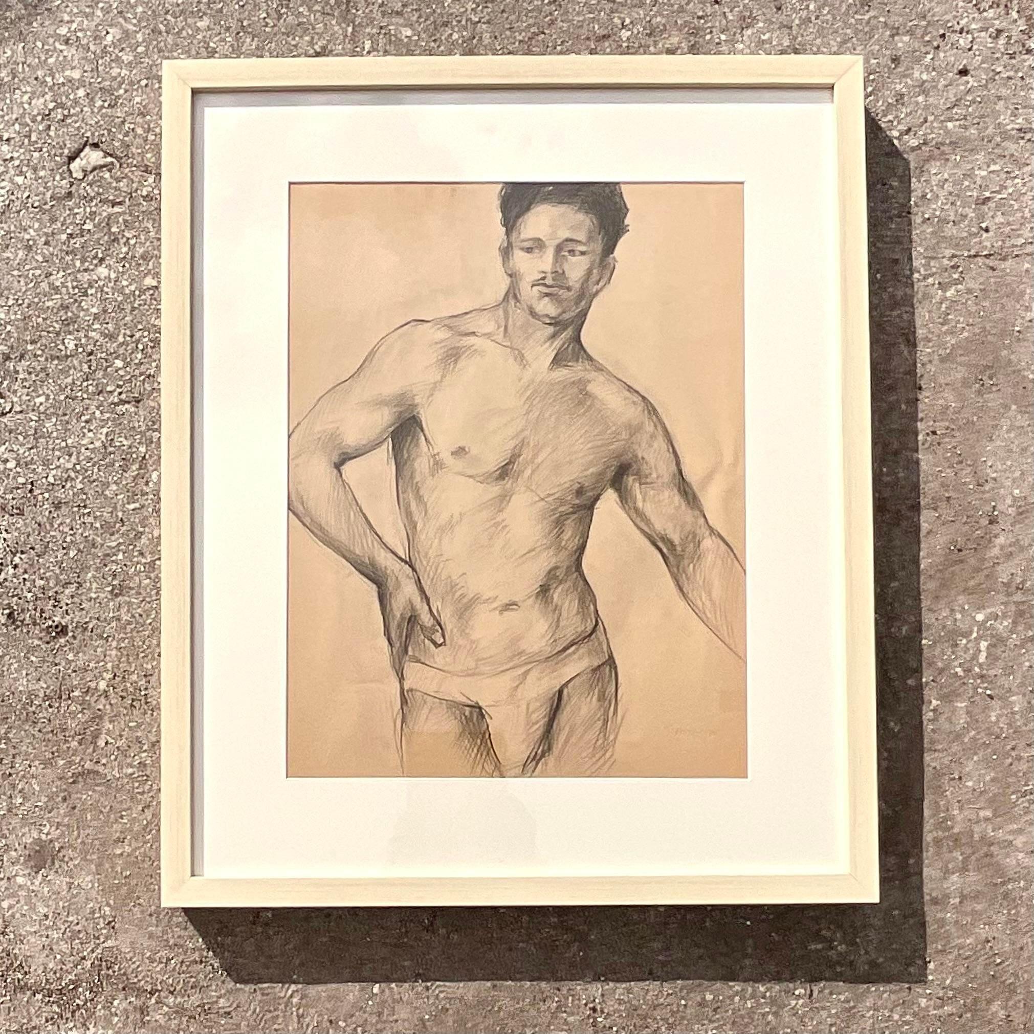 Mid-20th Century Vintage Boho 1935 Figure Sketch of Man For Sale