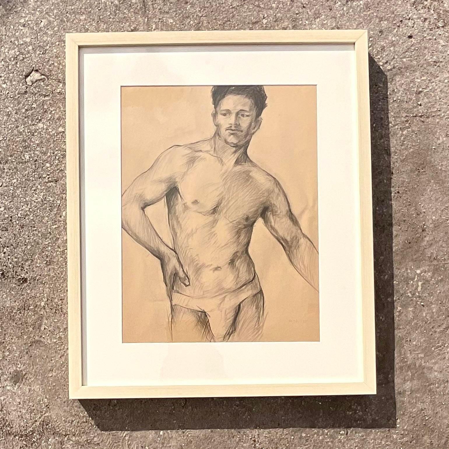 Vintage Boho 1935 Figure Sketch of Man For Sale 1
