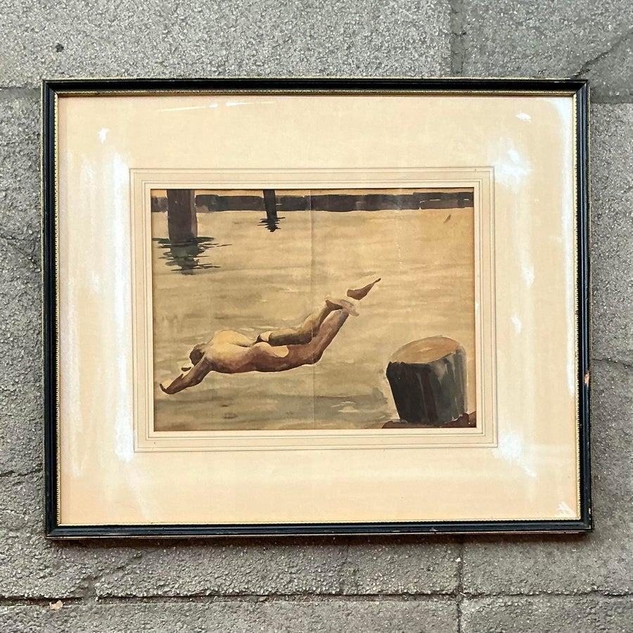 Vintage Boho 1940s Nude Diver Watercolor For Sale at 1stDibs
