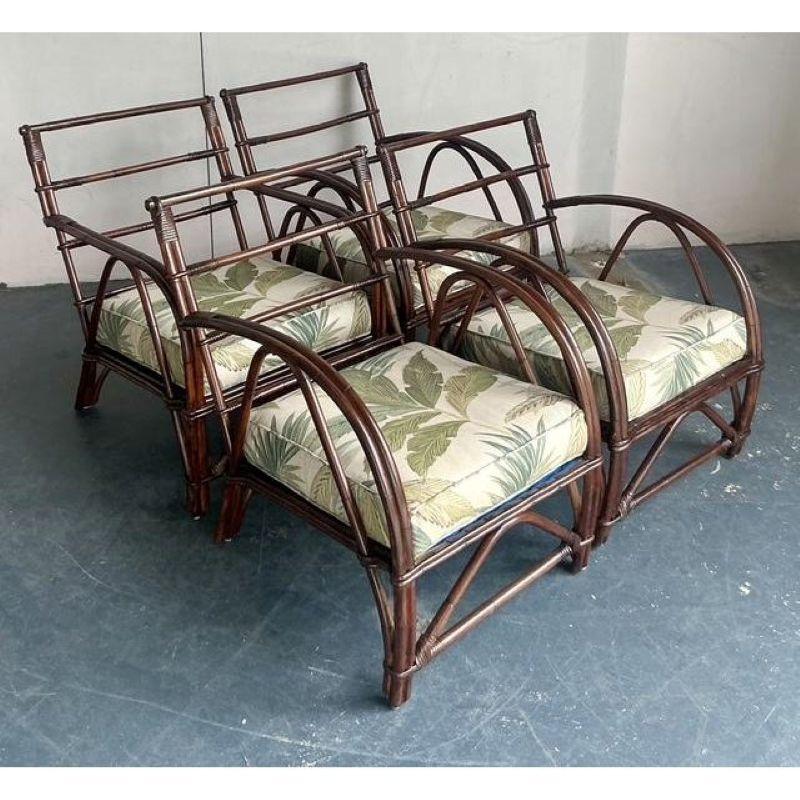 Art Déco Set di 4 sedie da salotto in vimini e rattan curvato vintage degli anni '40 in vendita