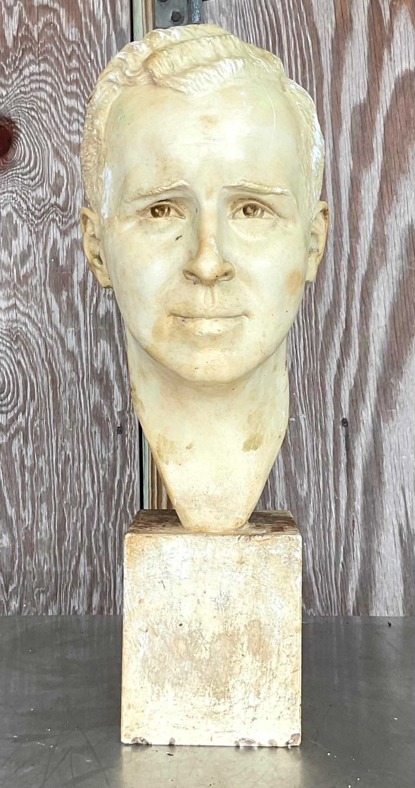 Américain Vintage Boho 1949 Signed Plaster Bust of Man en vente