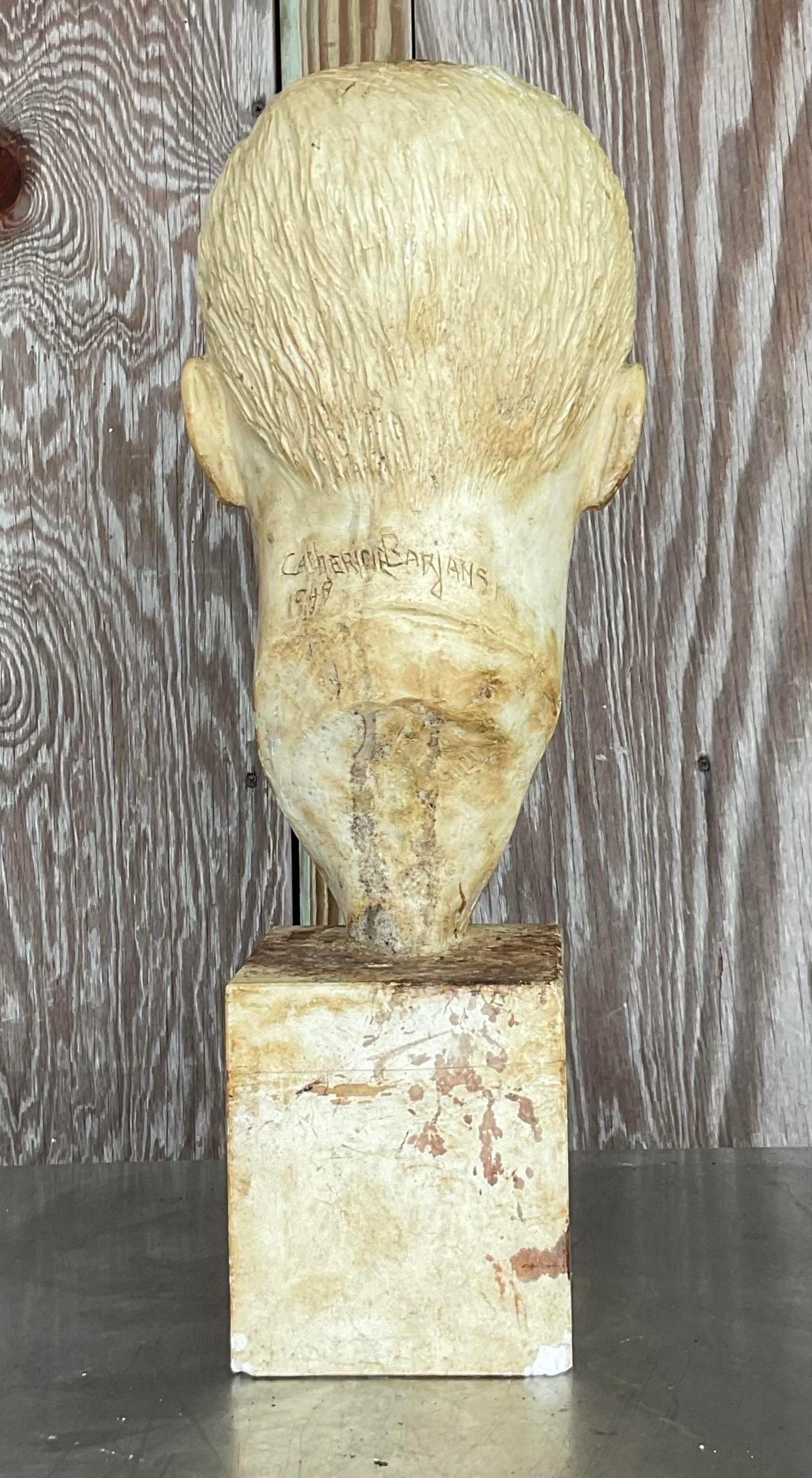 Vintage Boho 1949 Signed Plaster Bust of Man In Good Condition For Sale In west palm beach, FL