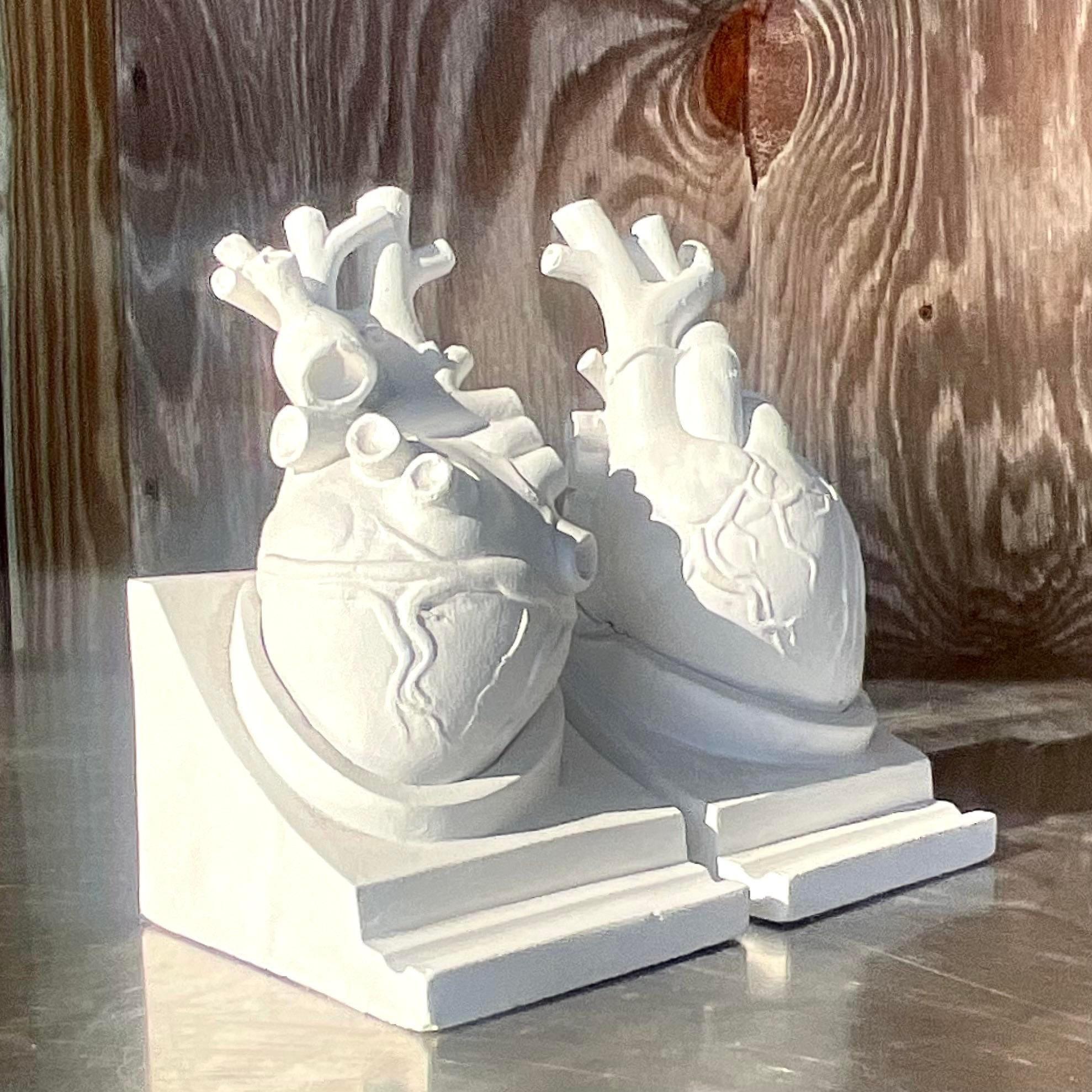 Vintage Boho 1950s Plaster Heart Bookends, Signed- Set of 2 In Good Condition For Sale In west palm beach, FL