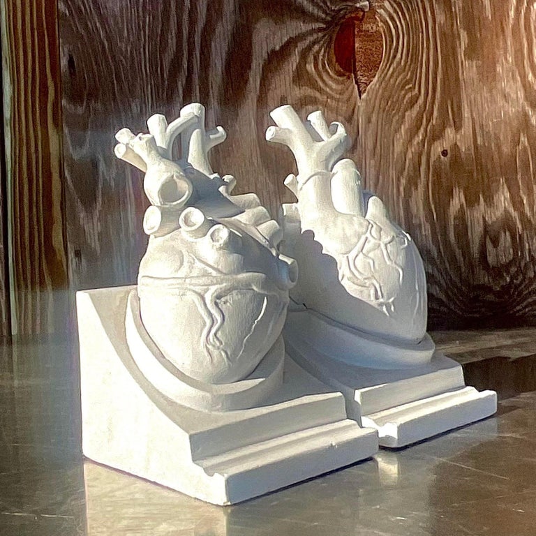 Vintage Boho 1950s Plaster Heart Bookends, Signed, Set of 2 For Sale at