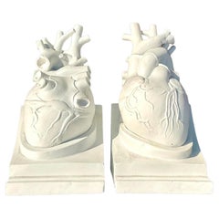 Vintage Boho 1950s Plaster Heart Bookends, Signed- Set of 2