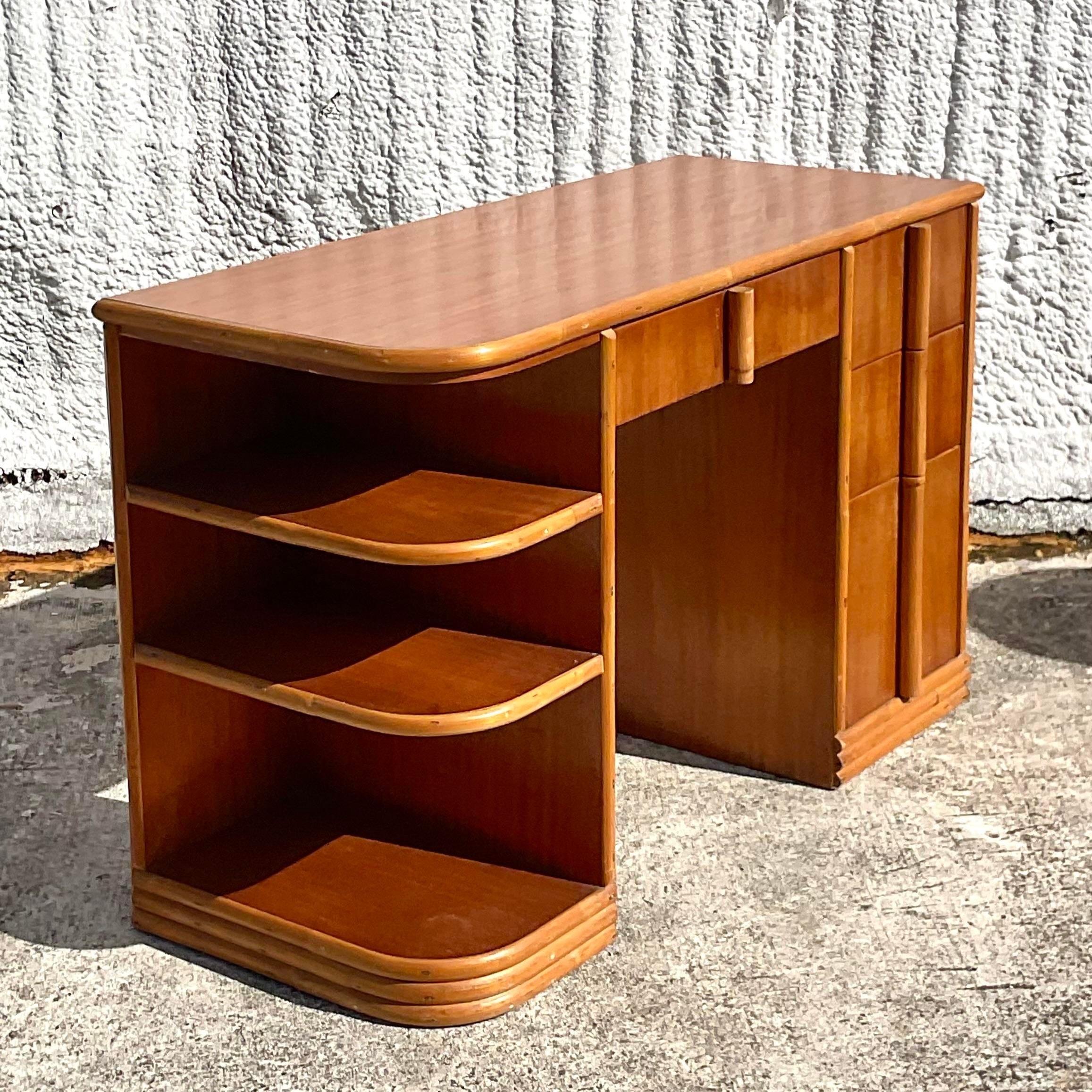 Rattan Vintage Boho 1950s Ritts Company “Tropitan” Desk For Sale