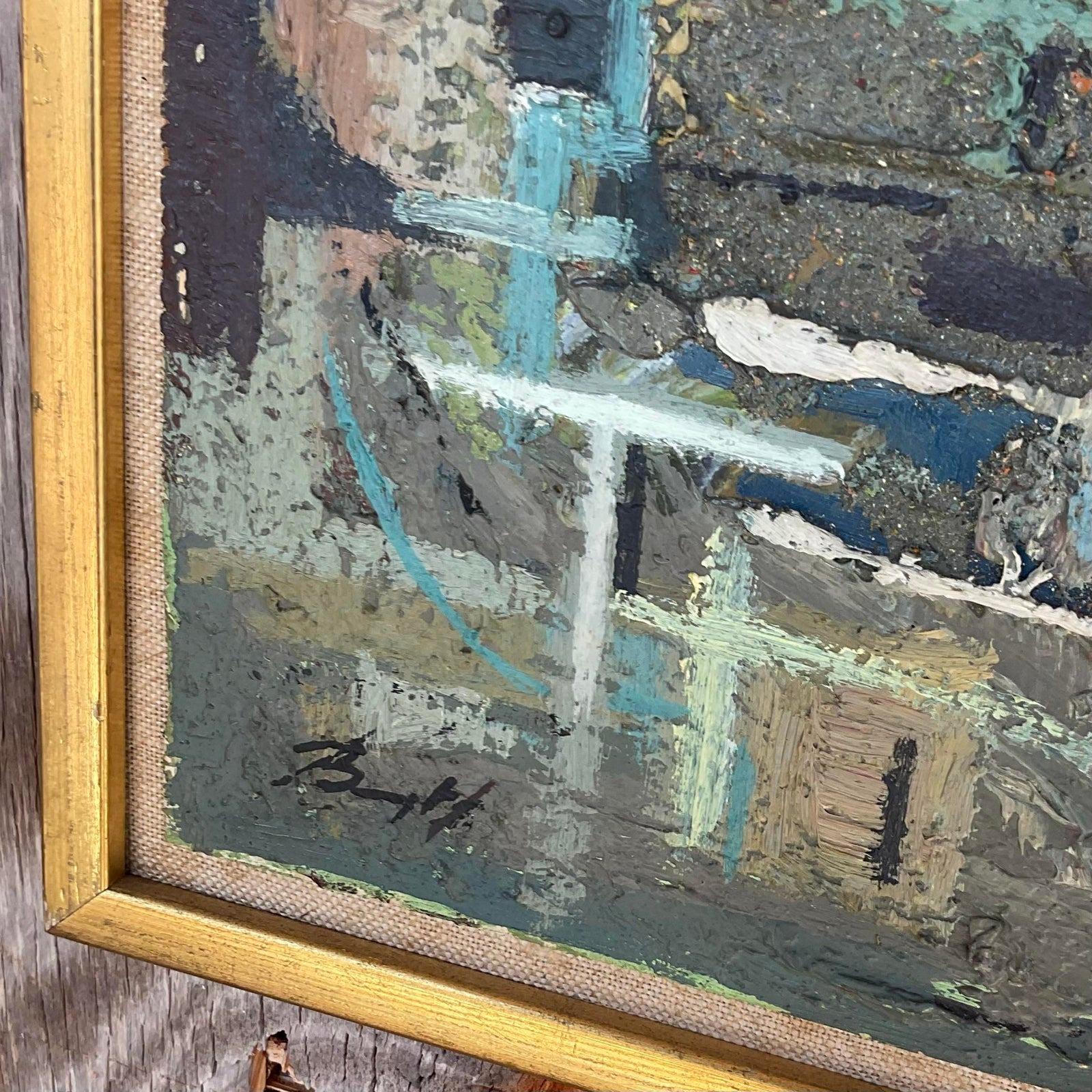 An incredible vintage Boho original oil painting on board. A chic Abstract composition in chic muted blues. Signed by the artist. Acquired from a Palm Beach estate.