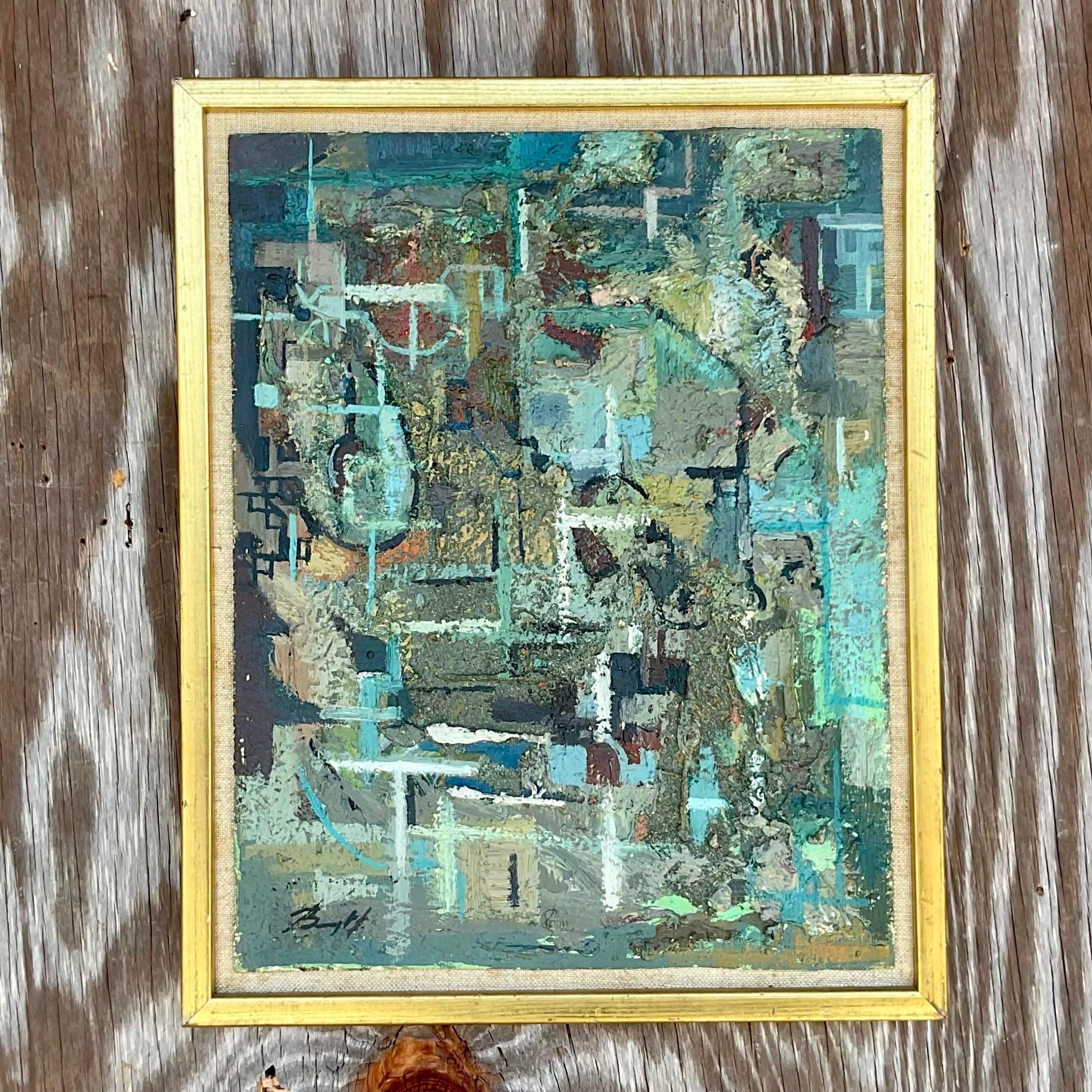 Eine unglaubliche Vintage Boho original Ölgemälde auf dem Brett. Eine schicke abstrakte Komposition in schickem gedeckten Blau. Signiert vom Künstler. Erworben aus einem Nachlass in Palm Beach.